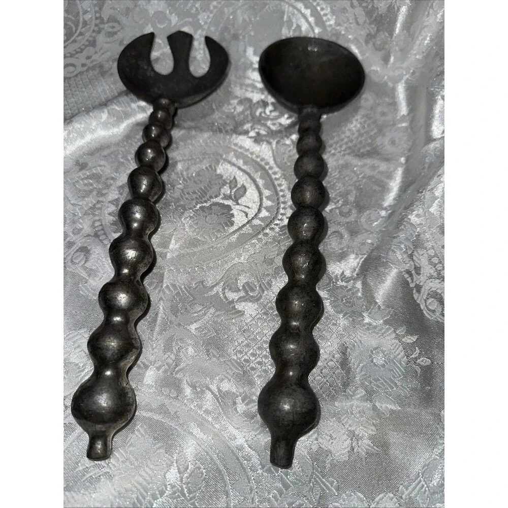 Pewter Metal Silver Tone Salad Servers Silverware Bubble Bead Curved Handles